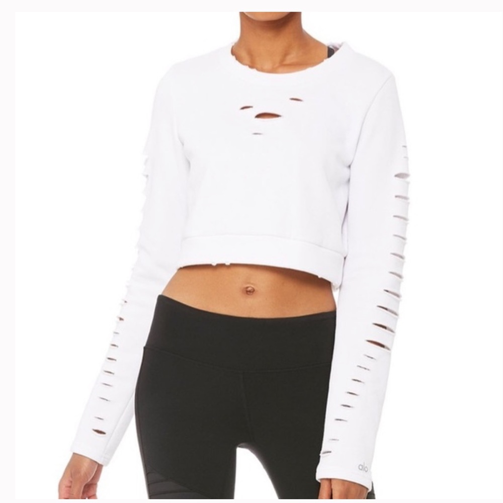 Alo Yoga White Ripped Warrior Long Sleeve Crop M